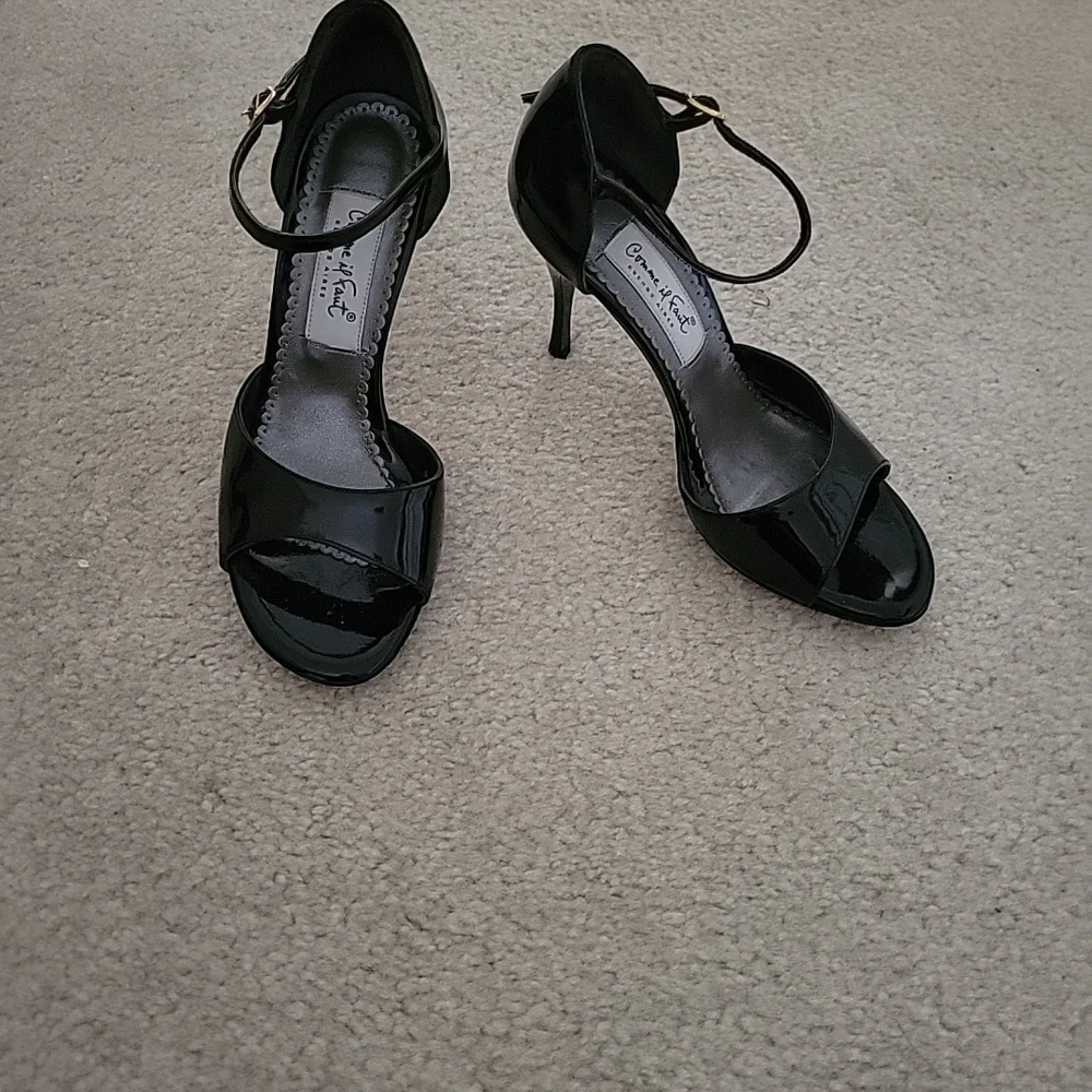 Comme Il Faut Argentine Tango Black Patent Ankle-Strap Open-Toe Heels 37 7 - Picture 2 of 7